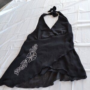 Womens Small Black Halter Top With Simple Flowers